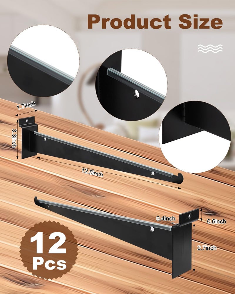 MUZIK 12PCS Slatwall Shelf Bracket, 12" Black Metal Slat Wall Shelf Brackets, Heavy Duty Shelf Slatwall Accessories for Garage Slat Panels Shelving Display - Image 2